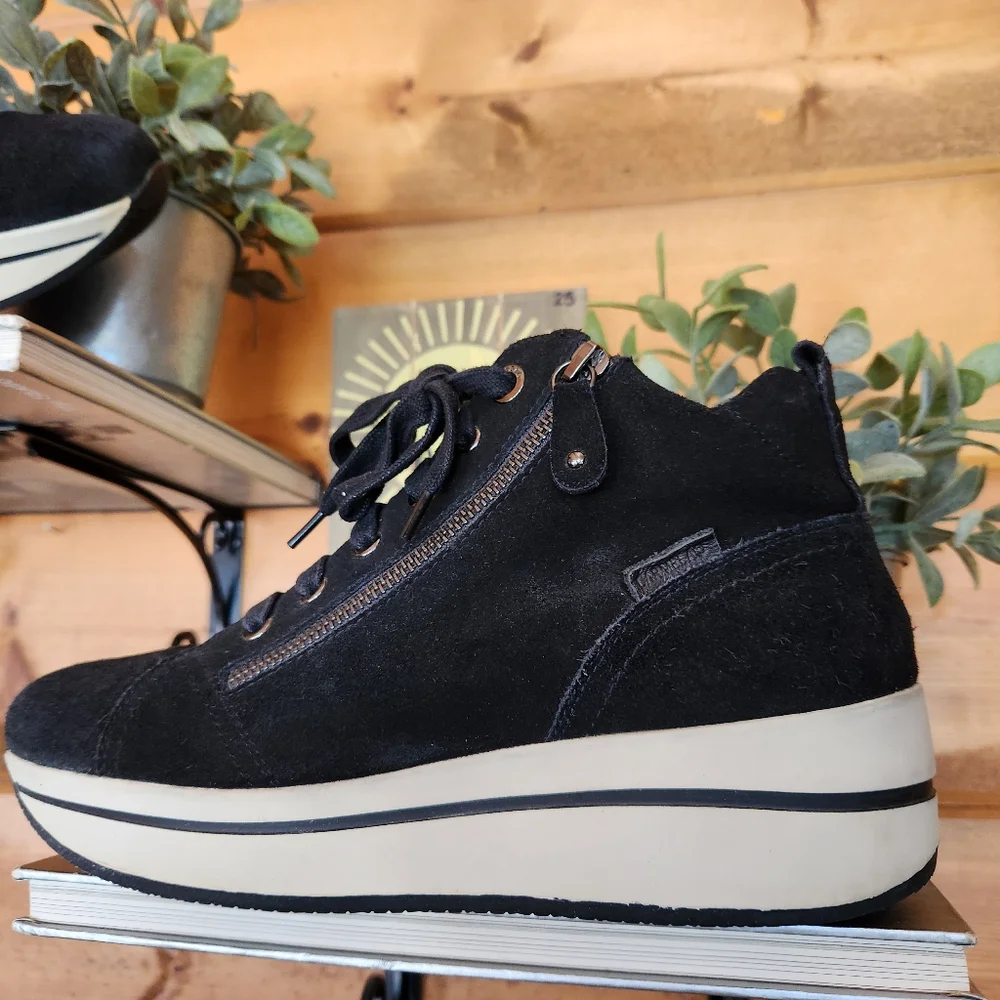 Carmela Love Leather Ankle Boot Black Platform Wedge Suede Sneaker Trainer Sz 40